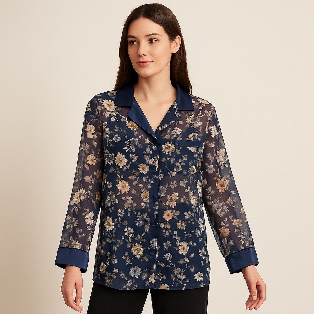 Secret Treasures Blue Floral Sheer Pajama Top Button Up Front Satin Trim Size L